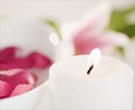 Candle and bowl of rose petals. Photographe : Jamie Grill