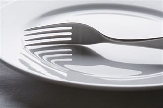 Fork on empty white plate. Photographe : Kristin Lee
