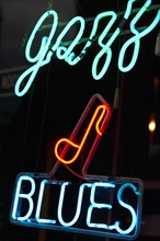 Illuminated Jazz and Blues sign on Beale Street in Memphis.