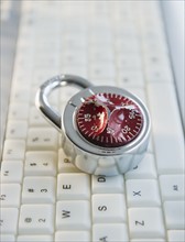 Combination lock on top of keyboard. Photo : Jamie Grill