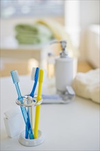 Toothbrushes in toothbrush holder.