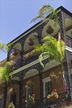 Ornate balconies on building in New Orleans.