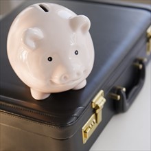 Piggy bank on top of briefcase. Photo : Jamie Grill