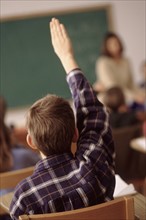 Child raising his hand in school classroom. Photo : Rob Lewine