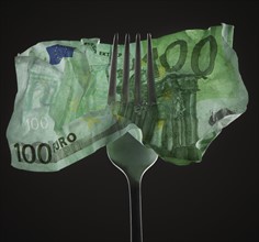 Fork pierced through 100 euro bill. Photo : Mike Kemp