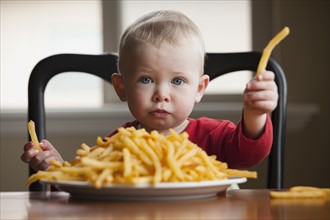 Toddler eating a large plate of French fries. Photo : Mike Kemp
