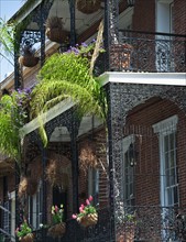 Ornate balconies on building in New Orleans.