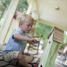 Young boy painting a birdhouse. Photo : Tim Pannell