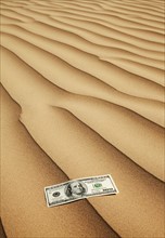 100 dollar bill on sand in desert. Photo. Mike Kemp