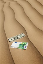 Money on sand in desert. Photo. Mike Kemp