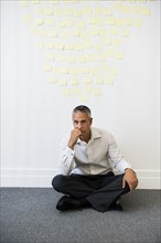 Businessman sitting behind wall covered in sticky notes.