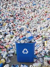 Pile of aluminum cans at recycling plant.
