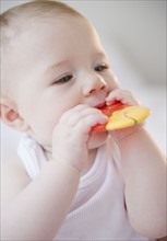 Baby sucking on teething toy. Photo. Jamie Grill