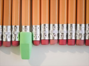 Row of pencils with sharpener. Photo : Jamie Grill