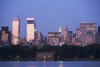 USA, New York State, New York City, Skyline with Bloomberg Building and Chrysler Building at dusk,