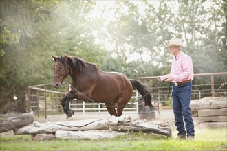 Senior man training horse in ranch. Photo : Mike Kemp