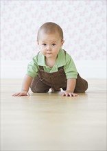 Baby boy (12-17 months) crawling on floor. Photo : Daniel Grill