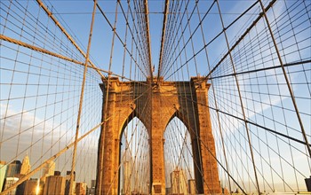 USA, New York State, New York City, Span of Brooklyn Bridge, Manhattan skyline in background. Photo