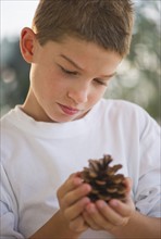 Boy (10-11) holding pine cone. Photo : Daniel Grill