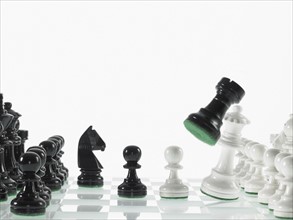 Black and white chess teams with taken rook. Photo : David Arky