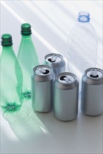 Plastic bottles and cans for recycling.