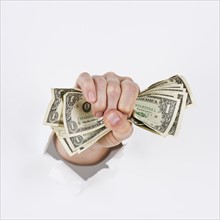 Hand on white background holding banknotes. Photo : Daniel Grill