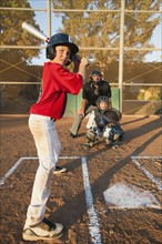 USA, California, Ladera Ranch, boys (10-11) playing baseball.