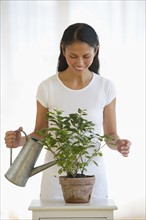 USA, New Jersey, Jersey City, Woman watering plant in home.