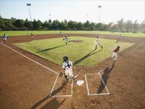 USA, California, little league baseball team (10-11) during baseball match.