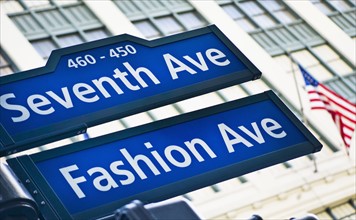USA, New York, New York City, Street sign for Fashion Avenue and Seventh Avenue in Manhattan.