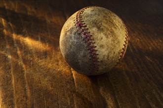 Antique baseball on wooden floor.