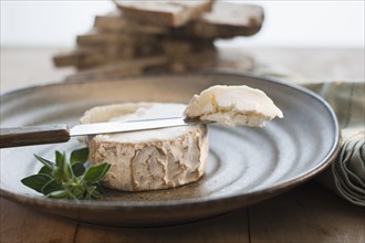 Brie cheese on plate.