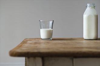 Glass and bottle of milk.