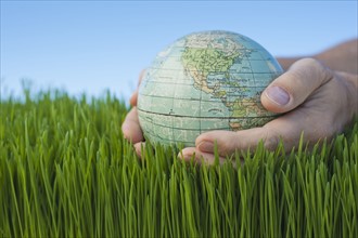 Male hands holding globe over grass.