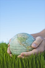 Male hands holding globe over grass.