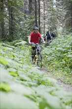 Canada, British Columbia, Fernie, Group of three people enjoying mountain biking. Photo : Dan