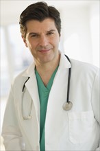 USA, New Jersey, Jersey City, Portrait of male doctor with stethoscope.