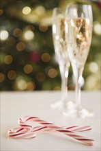 Christmas candy canes near champagne. Photo : Jamie Grill Photography