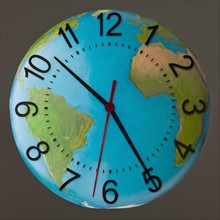 Studio Shot of clock embedded in globe. Photo : Mike Kemp