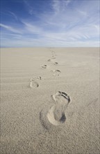 USA, Massachusetts, Cape Cod, footprints on beach . Photo : Chris Hackett