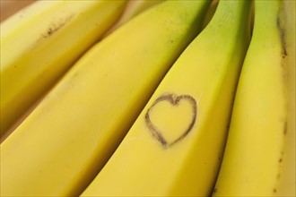 Heart shape on ripe bananas.