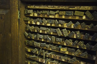 Close up of printing blocks from antique book binding.