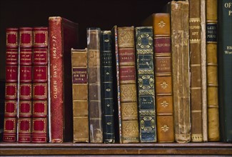 Close up of antique books on shelf.