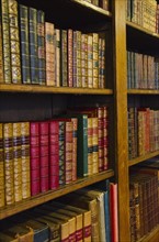 Close up of antique books on shelves.