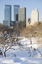 USA, New York City, View of Central Park in winter with Manhattan skyline in background. Photo :