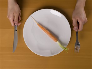 Single carrot on white plate. Photo : Dan Bannister