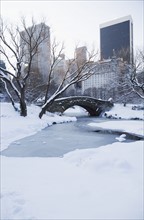 USA, New York City, View of Central Park in winter with Manhattan skyline in background. Photo :
