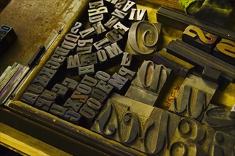 Close up of fonts from antique printing press.