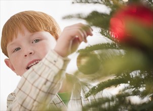Portrait of boy (8-9) preparing Christmas tree. Photo : Jamie Grill Photography