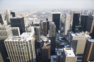 USA, New York City, View of Manhattan covered with snow, with Central Park in background. Photo :